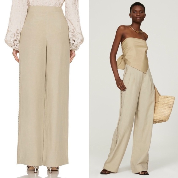 JONATHAN SIMKHAI Khaki Sage Linen High Rise Wide Leg Crochet Trim Trousers 10 - Picture 7 of 11